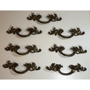 Vtg Ornate Cast Brass Drawer Pulls 3" Center 8" Wide Vintage Style Set of 7